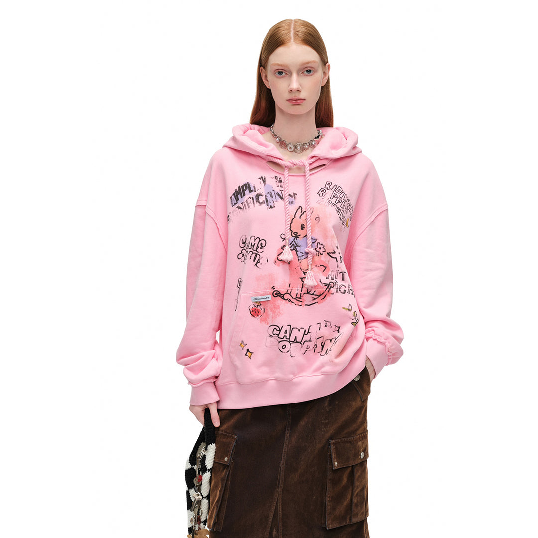 Alexia Sandra Printed Graffiti Rabbit Distressed Hoodie Pink