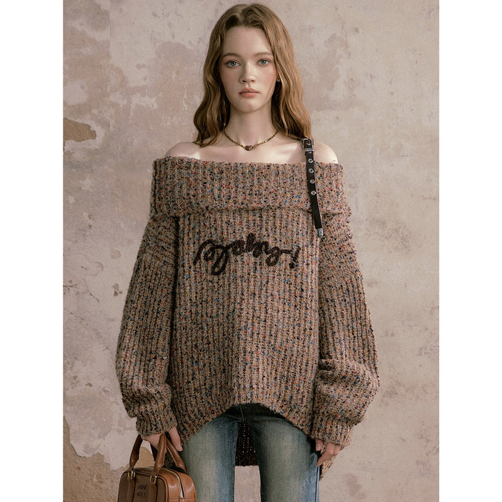 AsGony Logo Embroidery Off-Shoulder Sweater - Mores Studio
