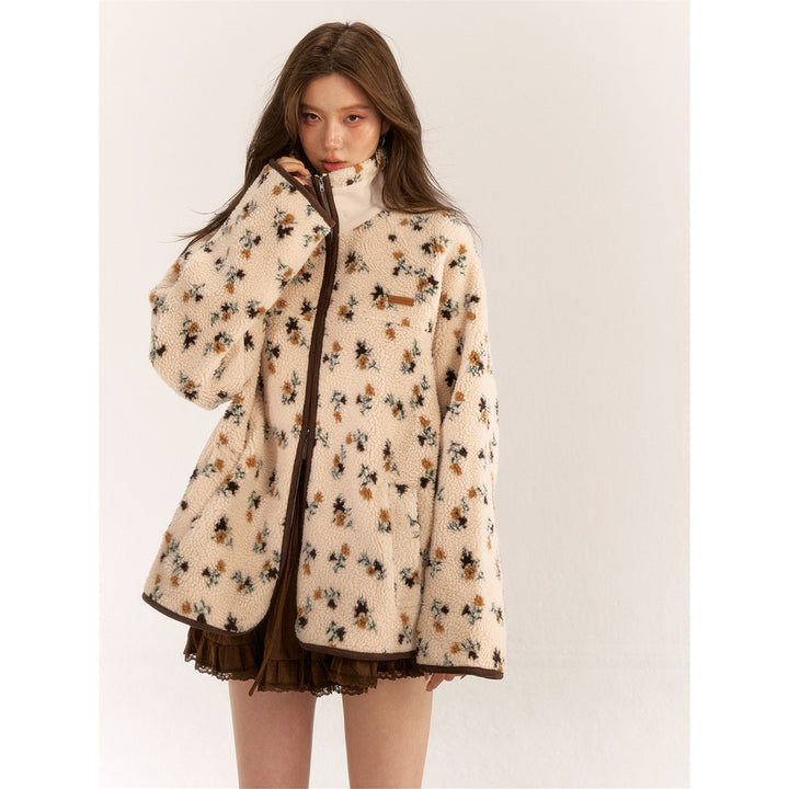 AsGony Retro Floral Lapel Woolen Padded Jacket