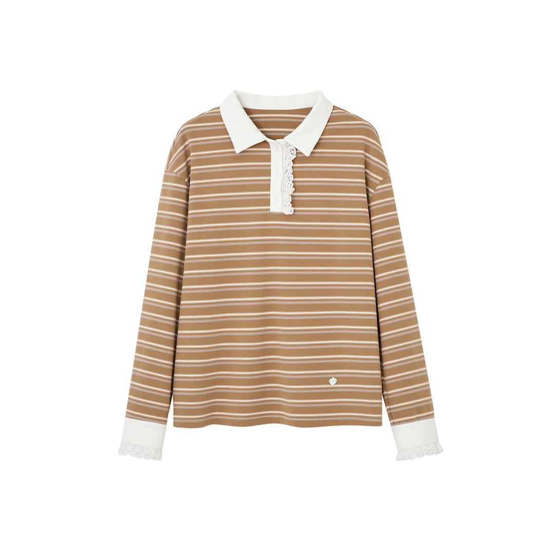 SomeSowe Lace Edge Striped Long Sleeve Polo Top Brown