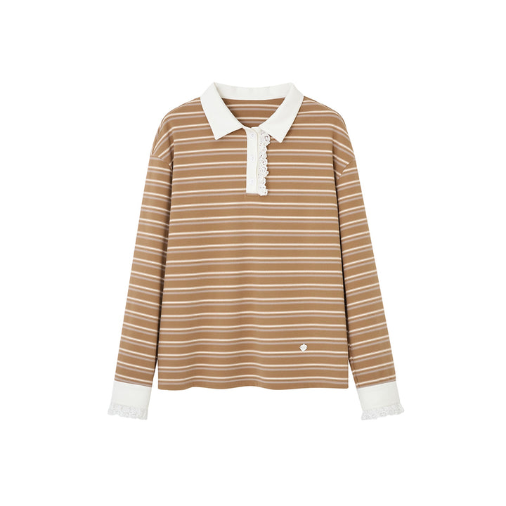 SomeSowe Lace Edge Striped Long Sleeve Polo Top Brown