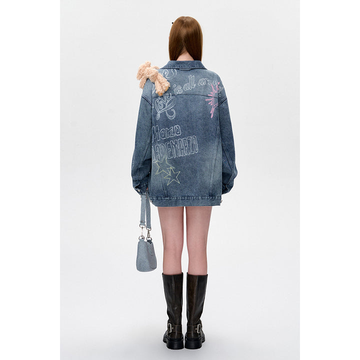 13De Marzo Full Graffiti Retro Washed Denim Jacket Blue