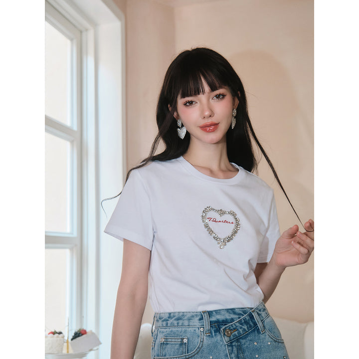 Three Quarters Logo Embroidery Rhinestone Heart Tee White - GirlFork