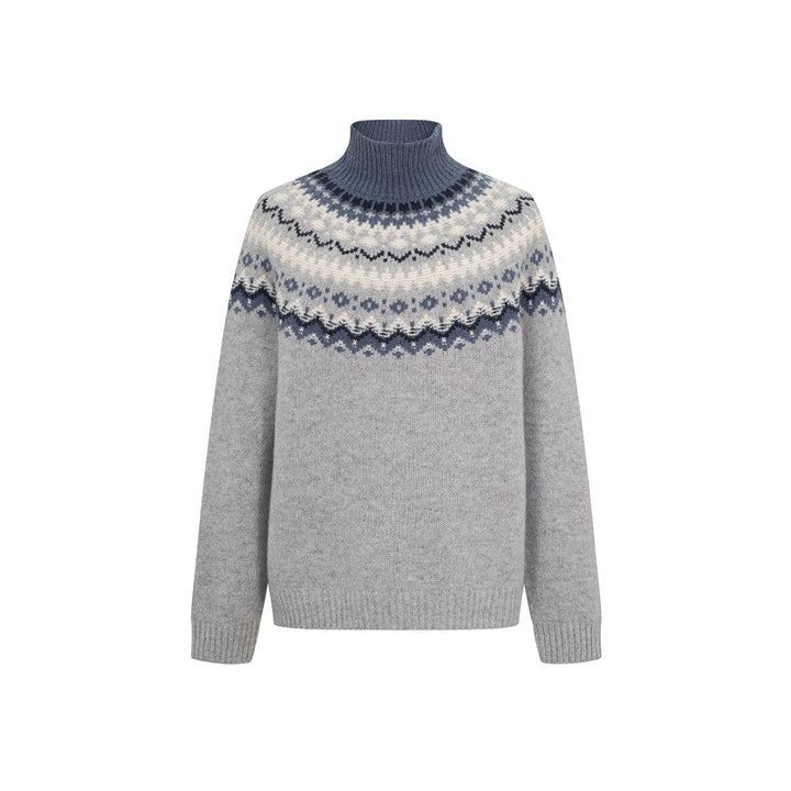 Three Quarters Fair Isle Jacquard Color Contrast High Collar Sweater Gray