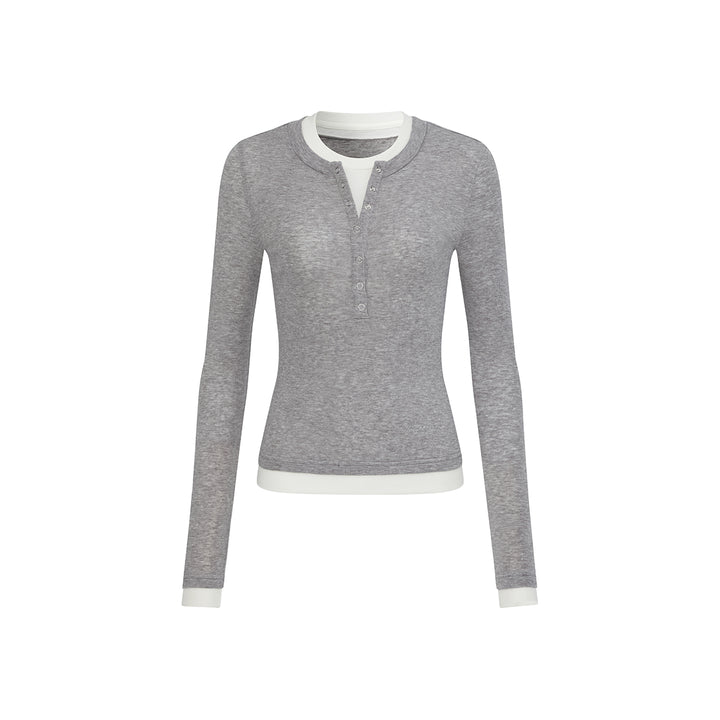 Three Quarters Fake-2-Piece Wool Knit Base Top Gray