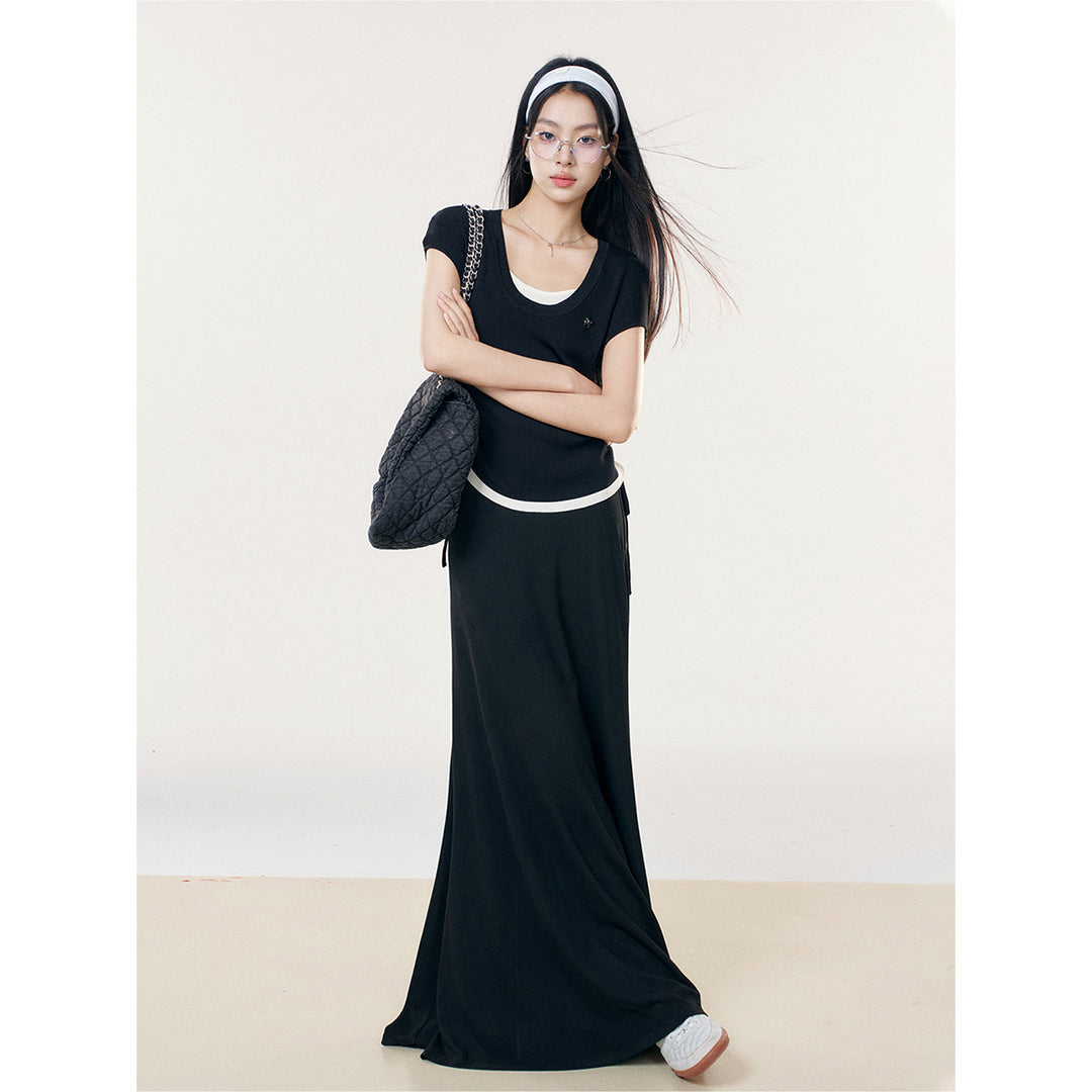 Liilou Draped High Waist A-Line Casual Long Skirt