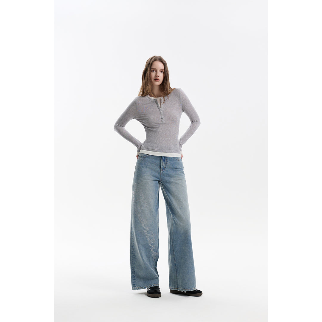 Three Quarters Hotfix Logo Loose Wide-Leg Jeans Blue