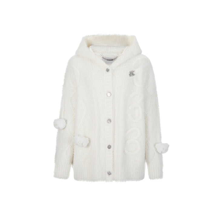 13De Marzo Bear Jacquard Knit Furry Hooded Cardigan White