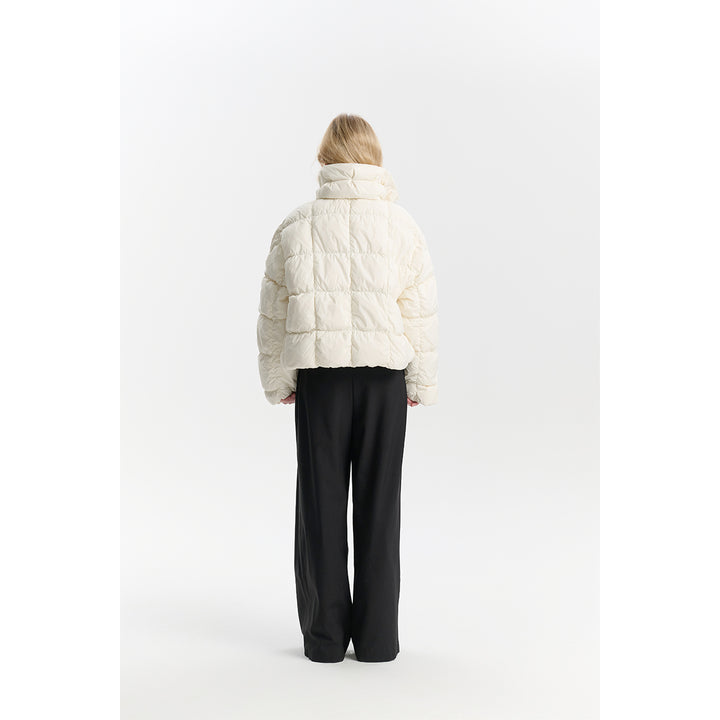 Three Quarters Checkered Lapel Short Down Jacket White