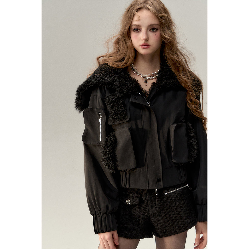 Via Pitti Cargo Pockets Rabbit Fur Jacket Black - Mores Studio