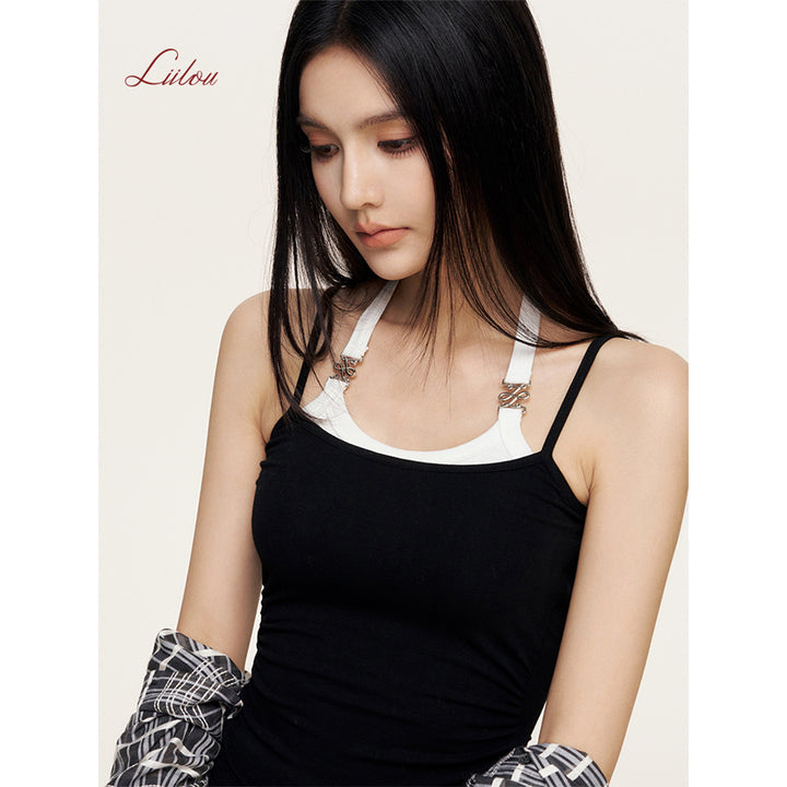 Liilou Fake-2-Piece Contrast Color Halter Vest Black