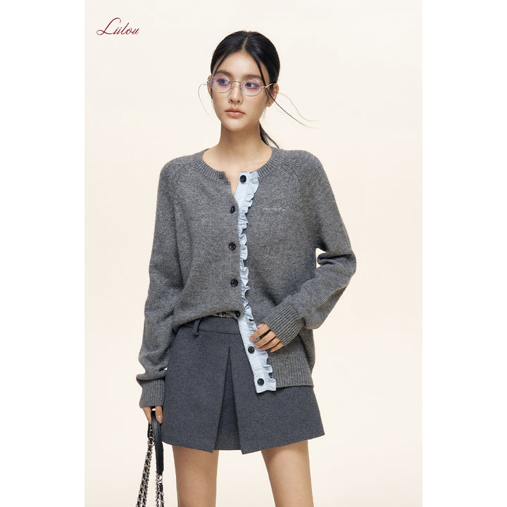 Liilou Contrast Color Stringy Selvedge Woolen Knit Cardigan