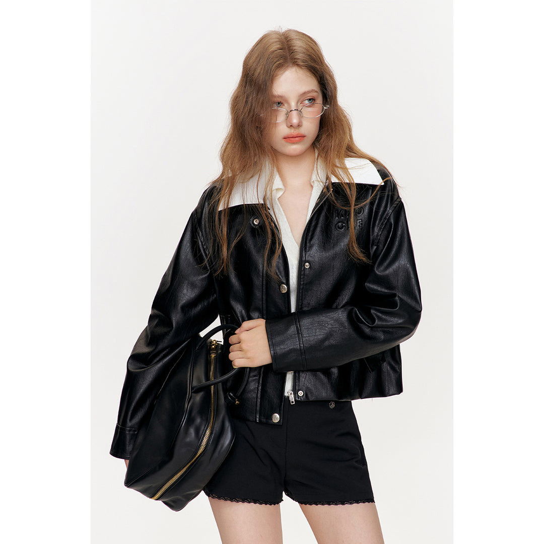 Kroche Color Blocked Lapel Leather Jacket Black