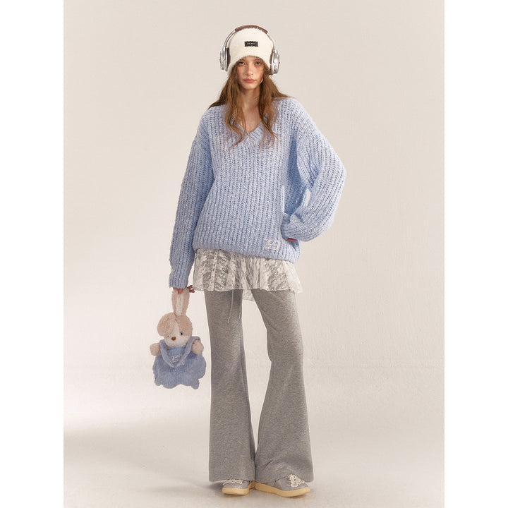 AsGony Blended Woolen V-Neck Knit Sweater Blue