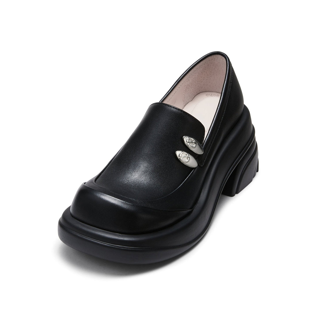 Lost In Echo Round Toe Thick-Soled Heel Leather Shoes Black