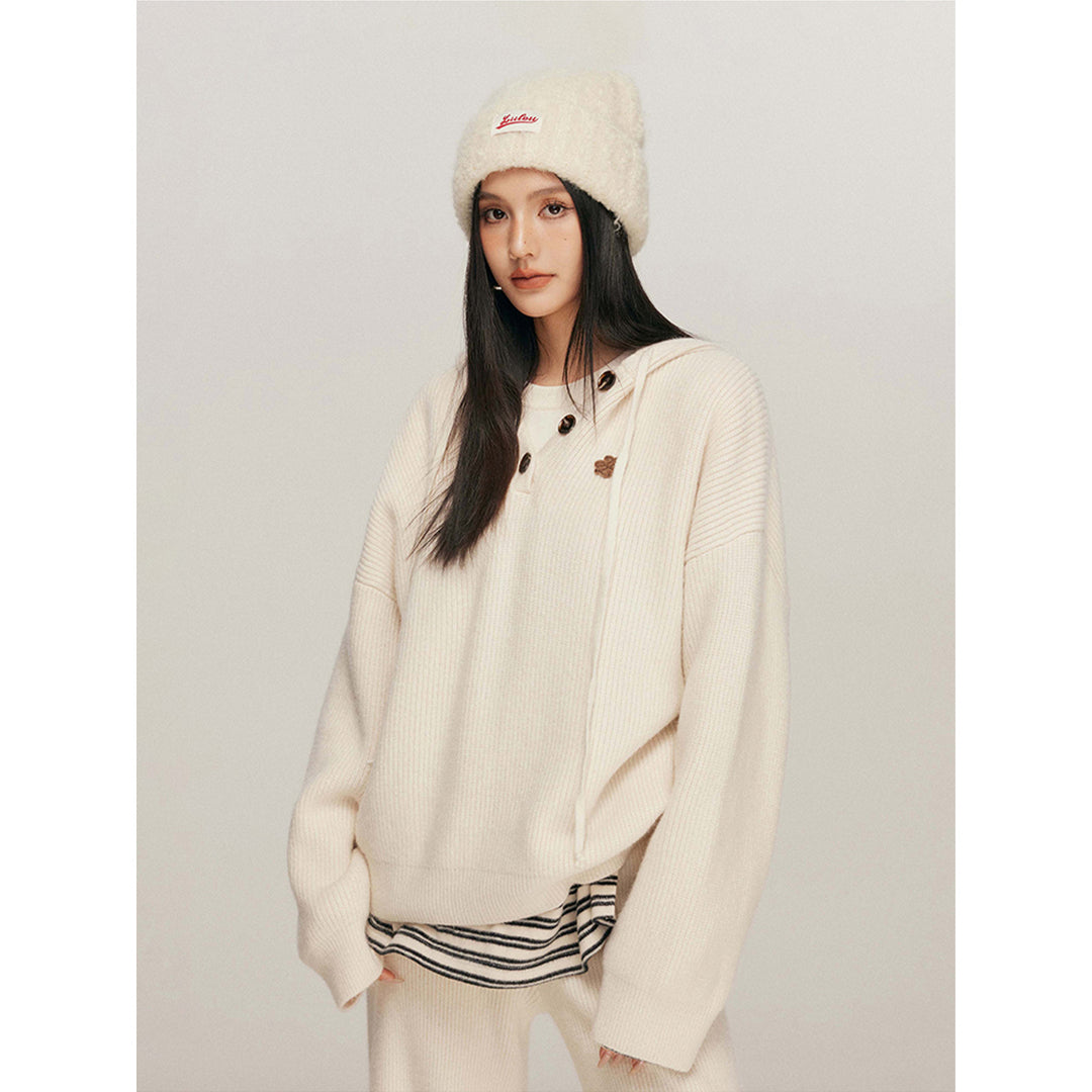 Liilou Casual Oversized Hooded Knit Sweater Cream