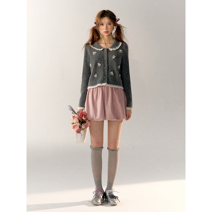 AsGony Embroidery Lace Flower Doll Collar Cardigan