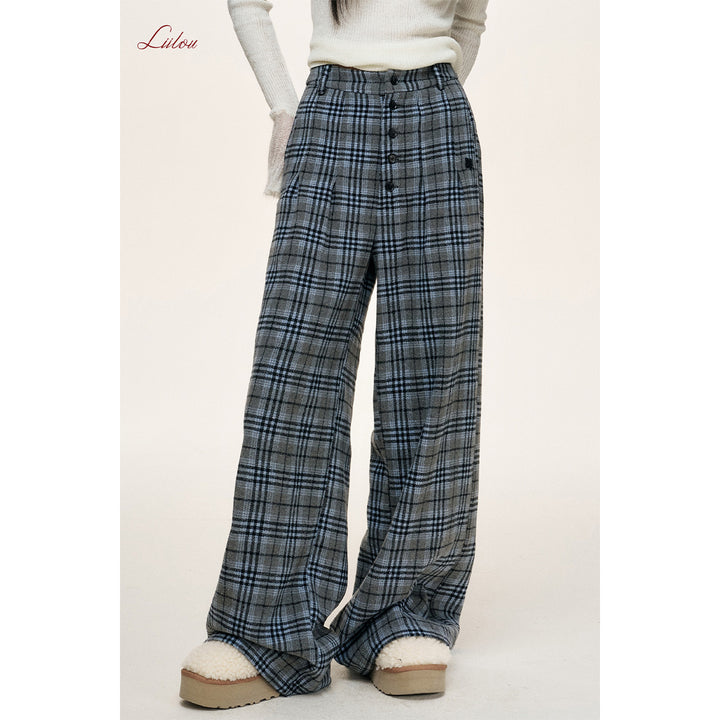 Liilou Plaid Contrast Color Wide-Leg Tweed Pants Blue