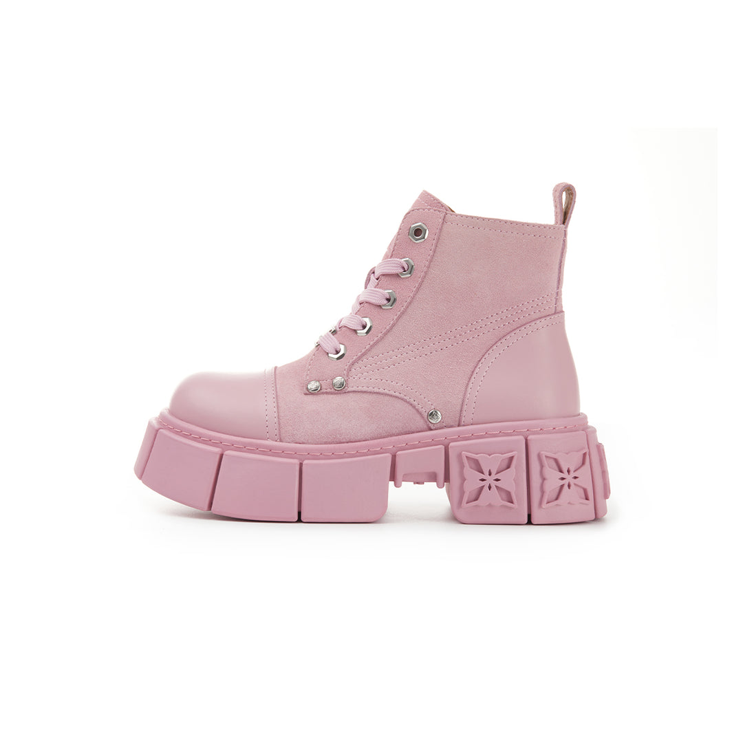 Trapar Waves Thick-Soled Logo Casual Leather Boots Pink