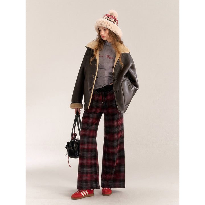 AsGony Retro Plaid Elastic-Waist Wide-Leg Pants