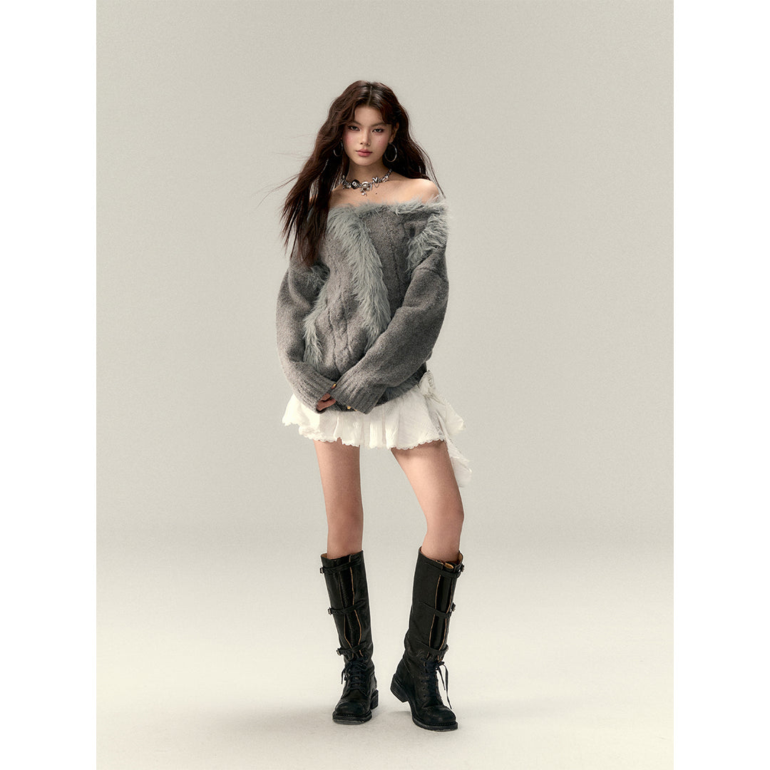 Via Pitti Off Shoulder Fur Integrated Knit Sweater Gray