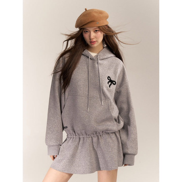 AsGony Bow Tie Hooded Waisting Sweat Dress Gray