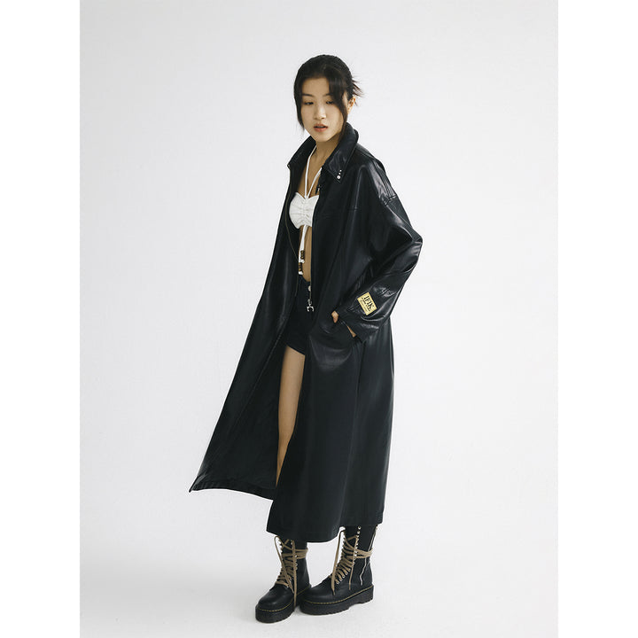 IFIK Oversized Zipper Leather Hooded Coat Black - Mores Studio