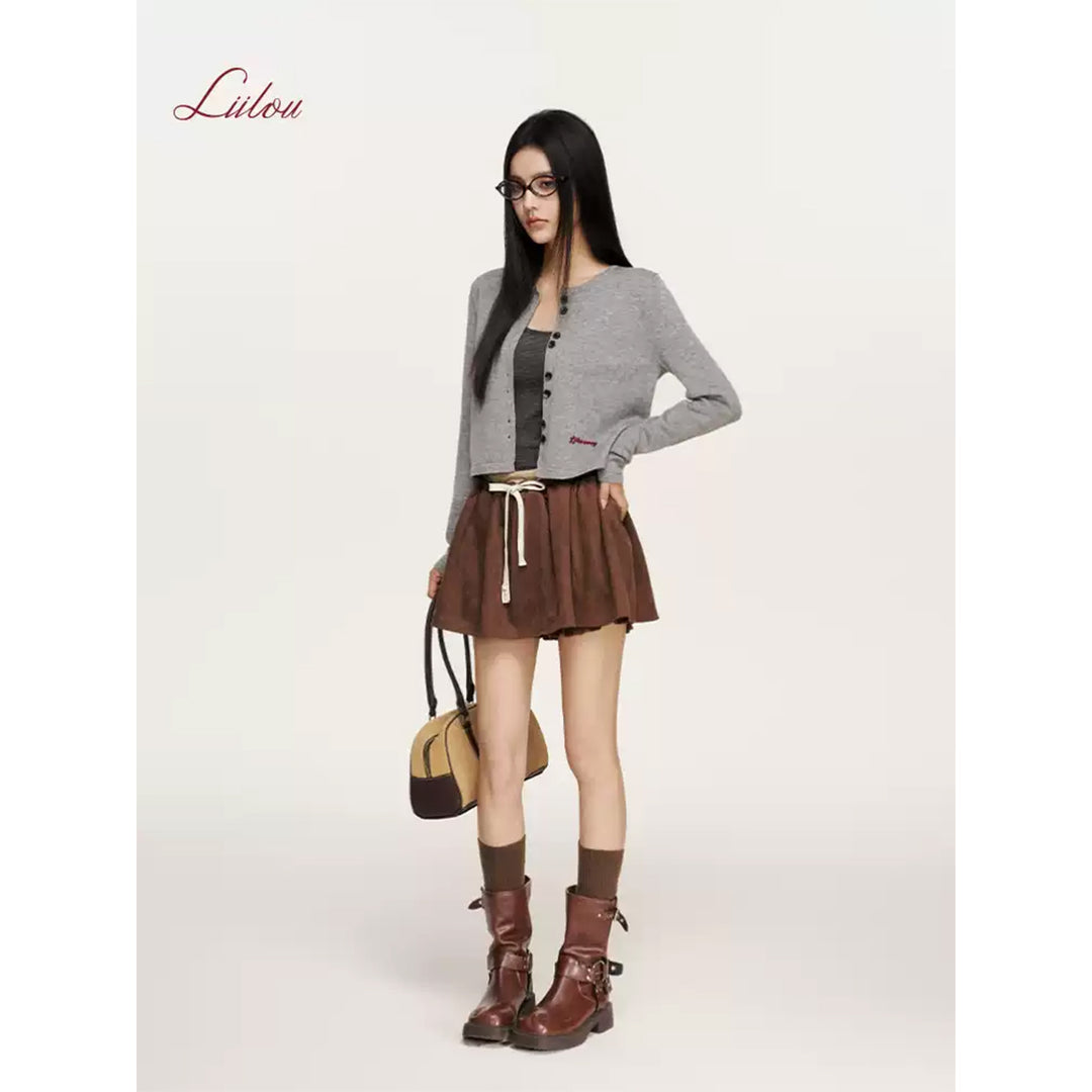 Liilou Chain Embroidery Woolen Knit Cardigan Gray