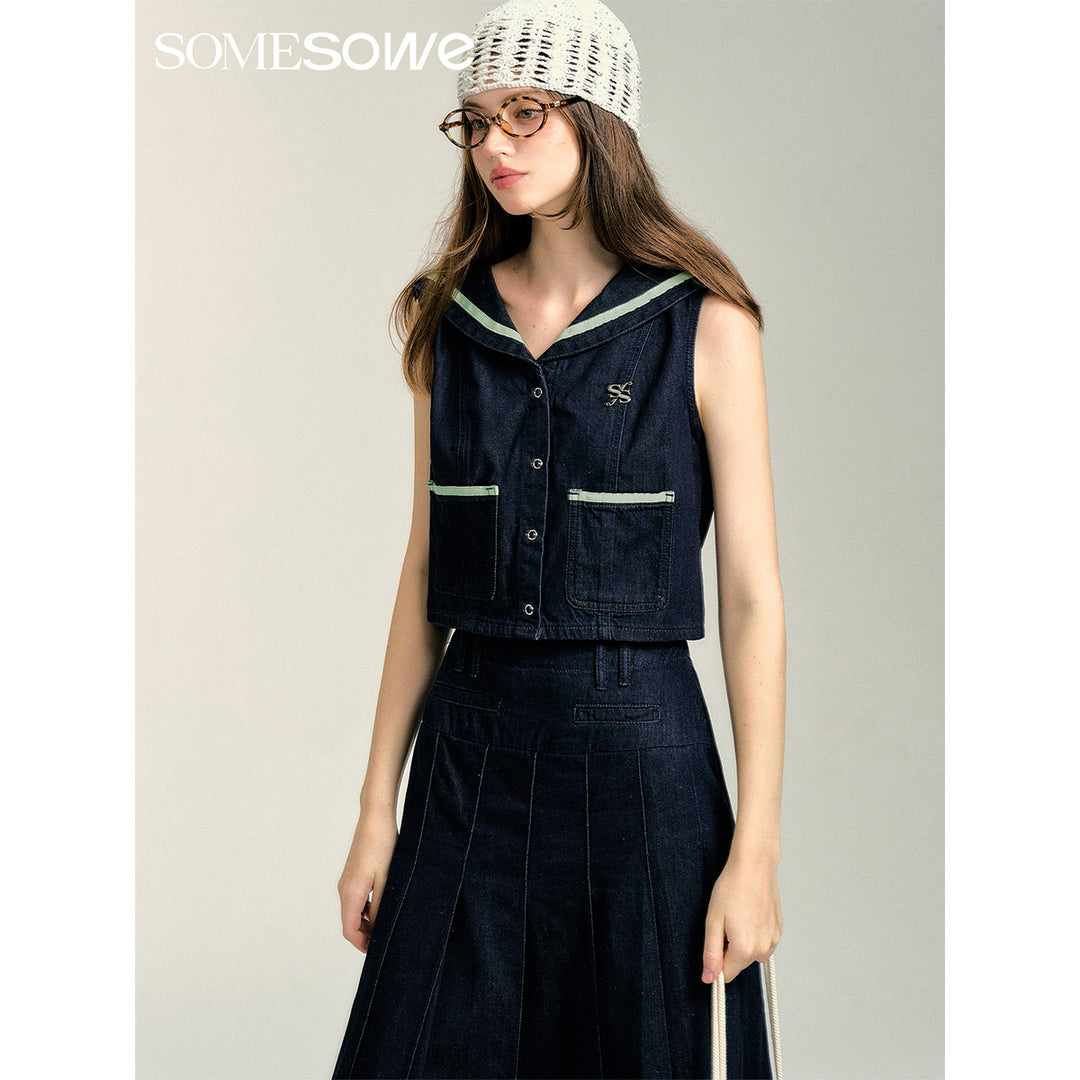 SomeSowe Contrast Color Sailor Collar Denim Top