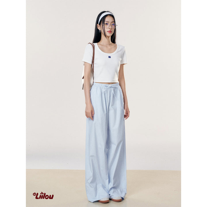 Liilou Vertical Striped Wide-Leg Casual Pants Blue