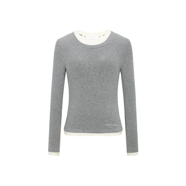 Three Quarters Hotfix Logo Fake-2-Piece Mousse Cashmere Top Gray