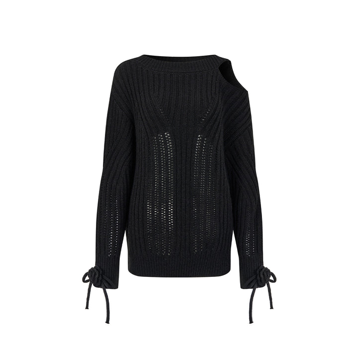 Via Pitti Rose Bow Irregular Collar Two-Way Sweater Black