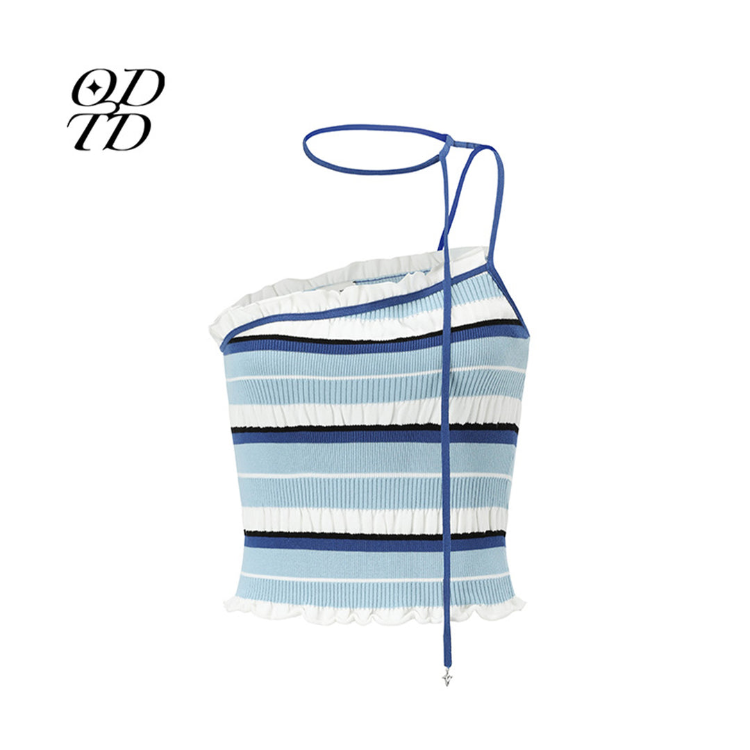 ODTD Off-Shoulder Halterneck Striped Knitted Vest Blue