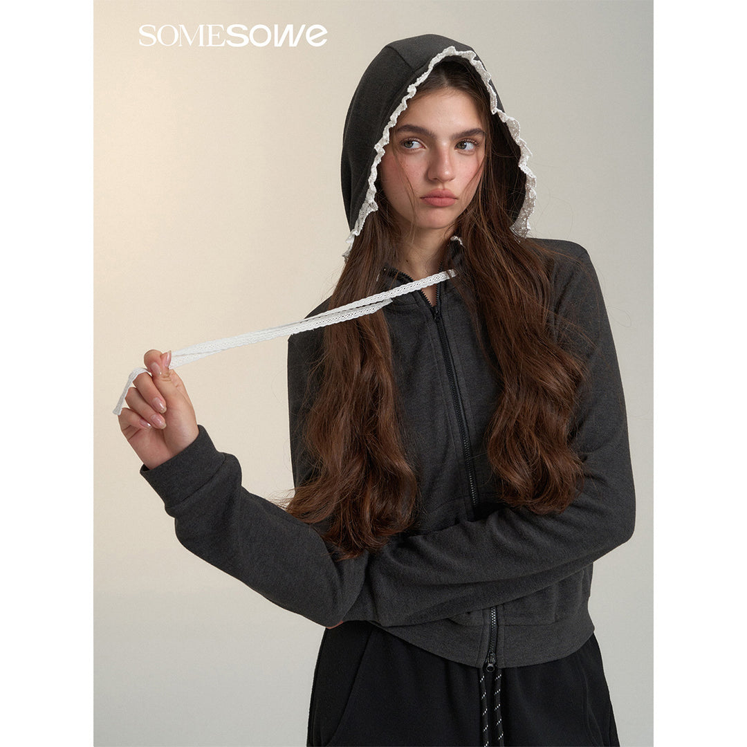 SomeSowe Lace Edge Slim Zip Up Hoodie Gray