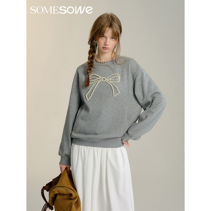 SomeSowe Bow Beaded Crewneck Sweatshirt Gray