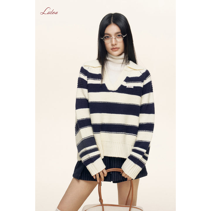 Liilou Contrast Color Striped Lapel V-Neck Knit Sweater