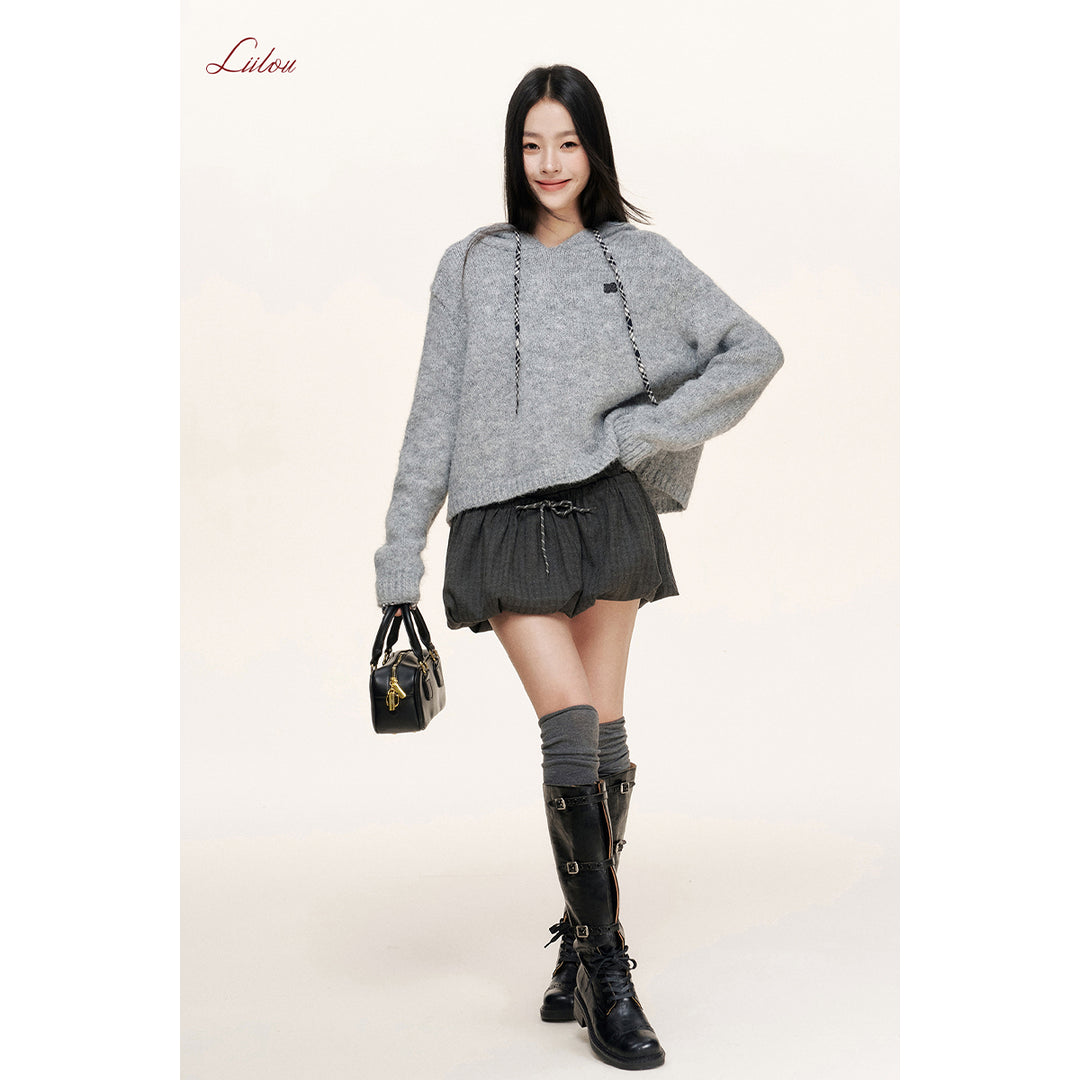 Liilou Plaid Drawstring Hooded Casual Knit Sweater