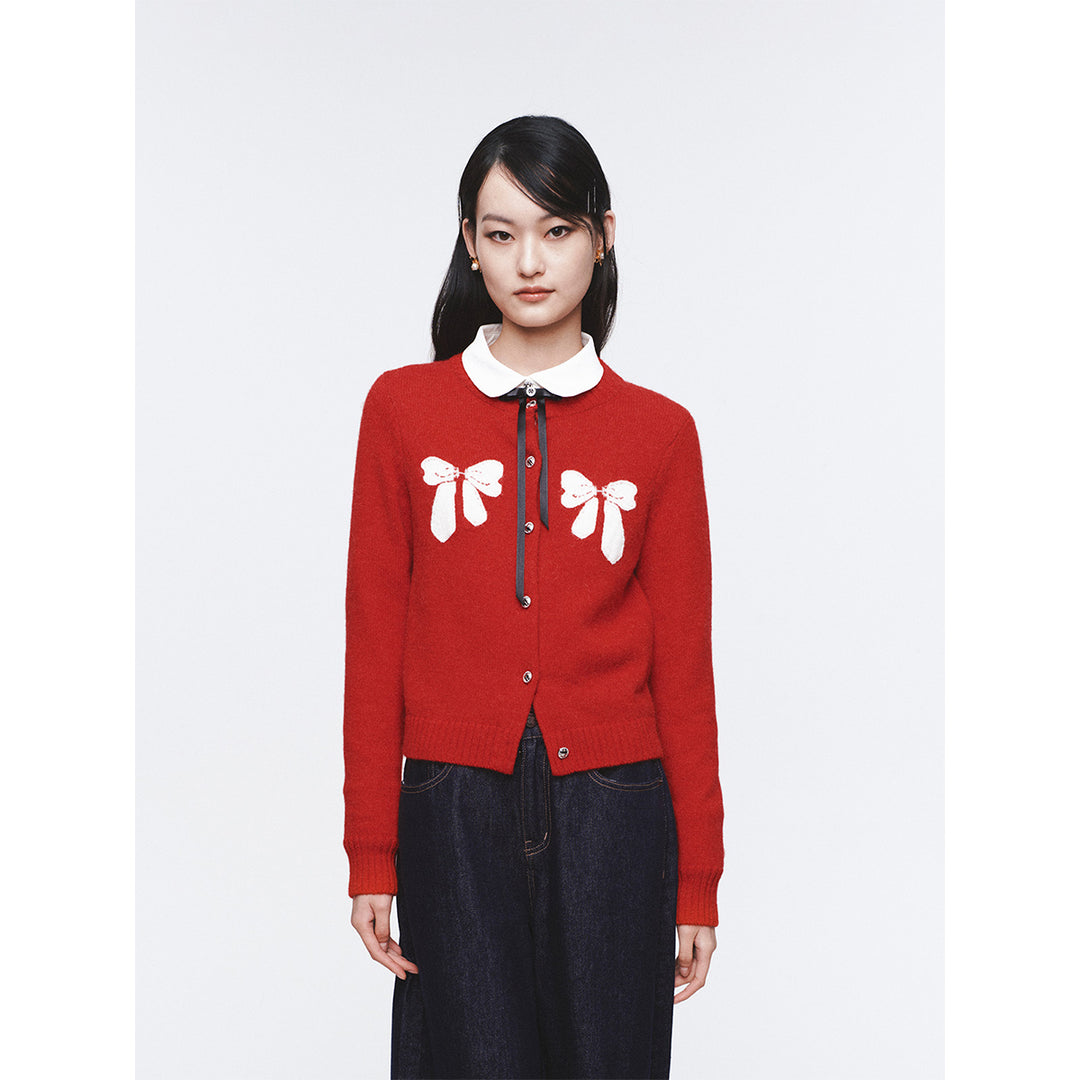 Herlian Contrast Color Bow Knitted Cardigan Red