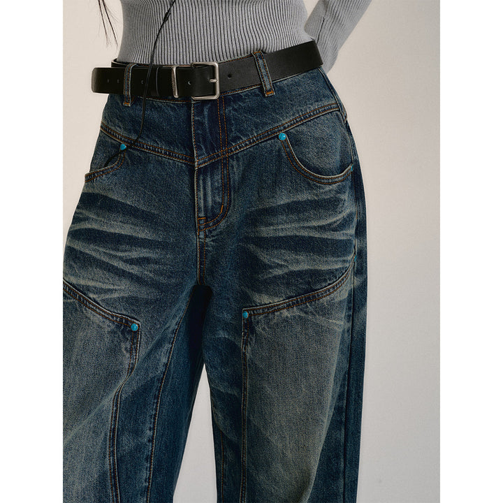 Via Pitti Rivet Wide-Leg Washed Denim Pants Blue