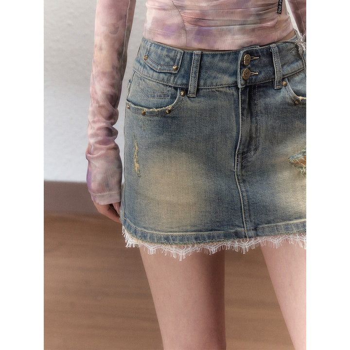 Via Pitti Lace Patchwork Destroy Cutting Mini Denim Skirt