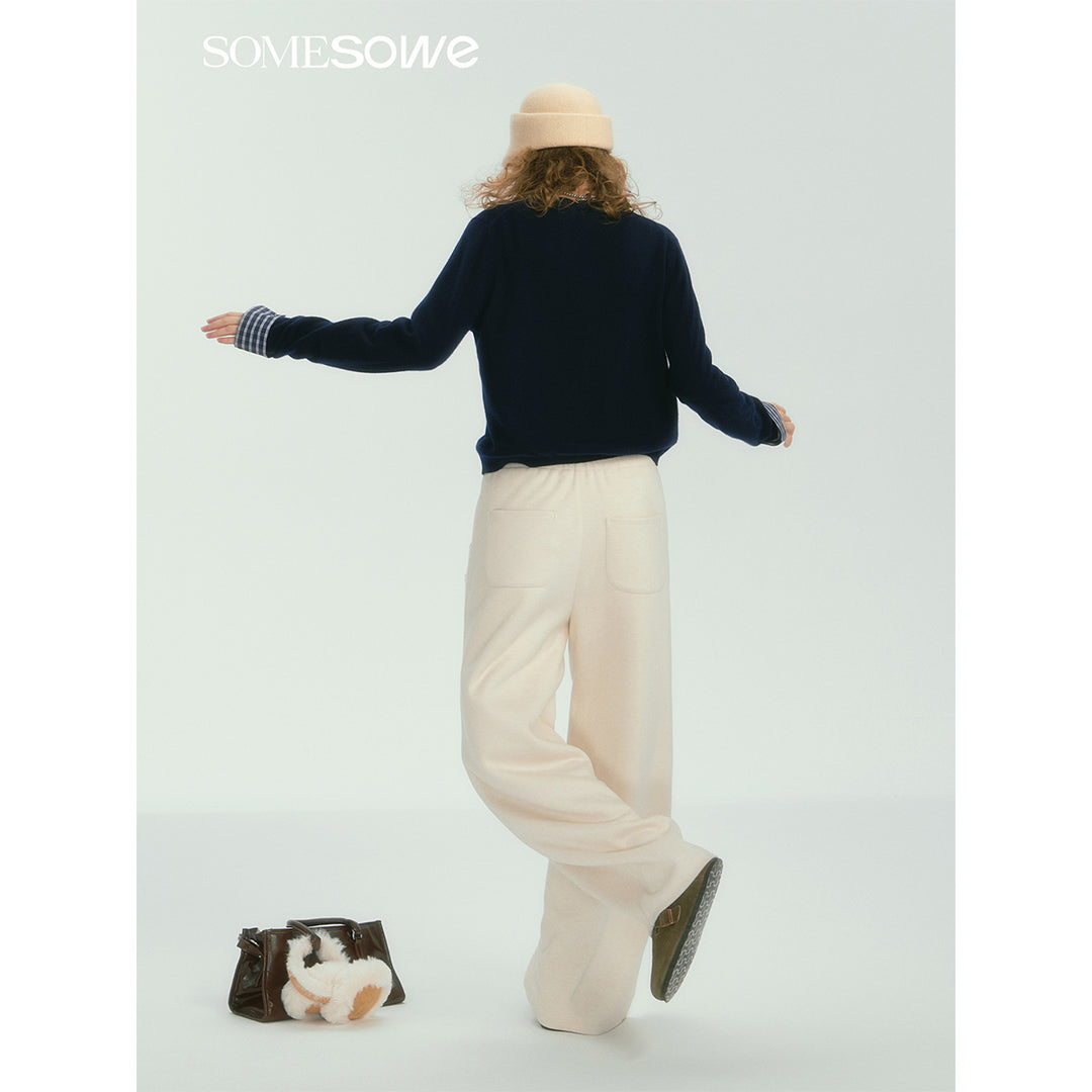 SomeSowe Contrast Color Drawstring Wide-Leg Pants White