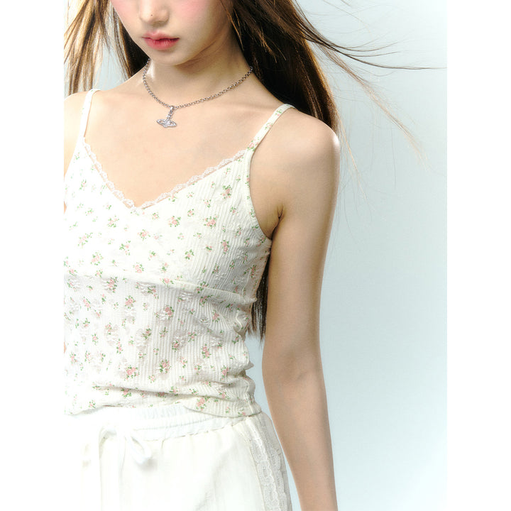 AsGony Lace Patchwork Floral Slip Vest