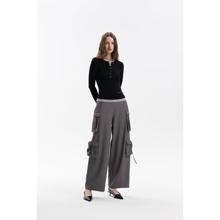 Three Quarters Loose Wide-Leg Cargo Pants Gray