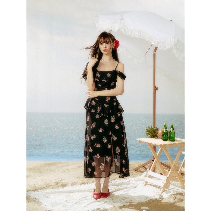 AsGony Ruffled Floral Slit Off-Shoulder Long Dress