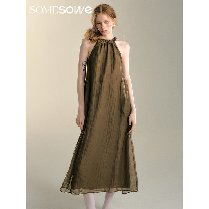 SomeSowe Pleated Texture Halter Dress Brown