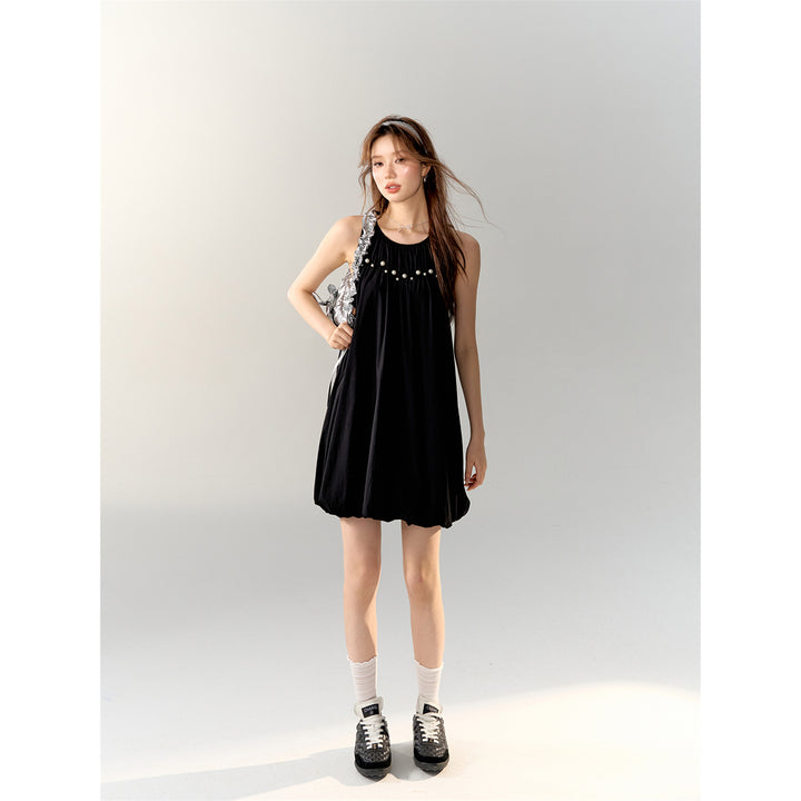 AsGony Pearl Bud Slip Puffy Dress Black