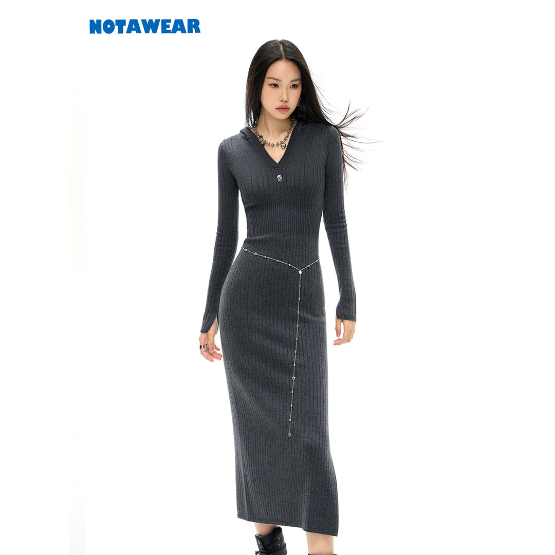 NotAwear Logo Embroidery Woolen Hooded Knit Dress - Mores Studio