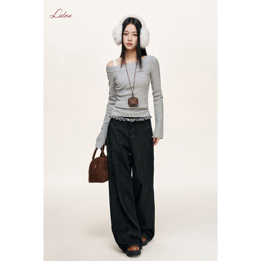 Liilou Plaid Stringy Lace Edge Wide-Leg Fleece-Lined Jeans