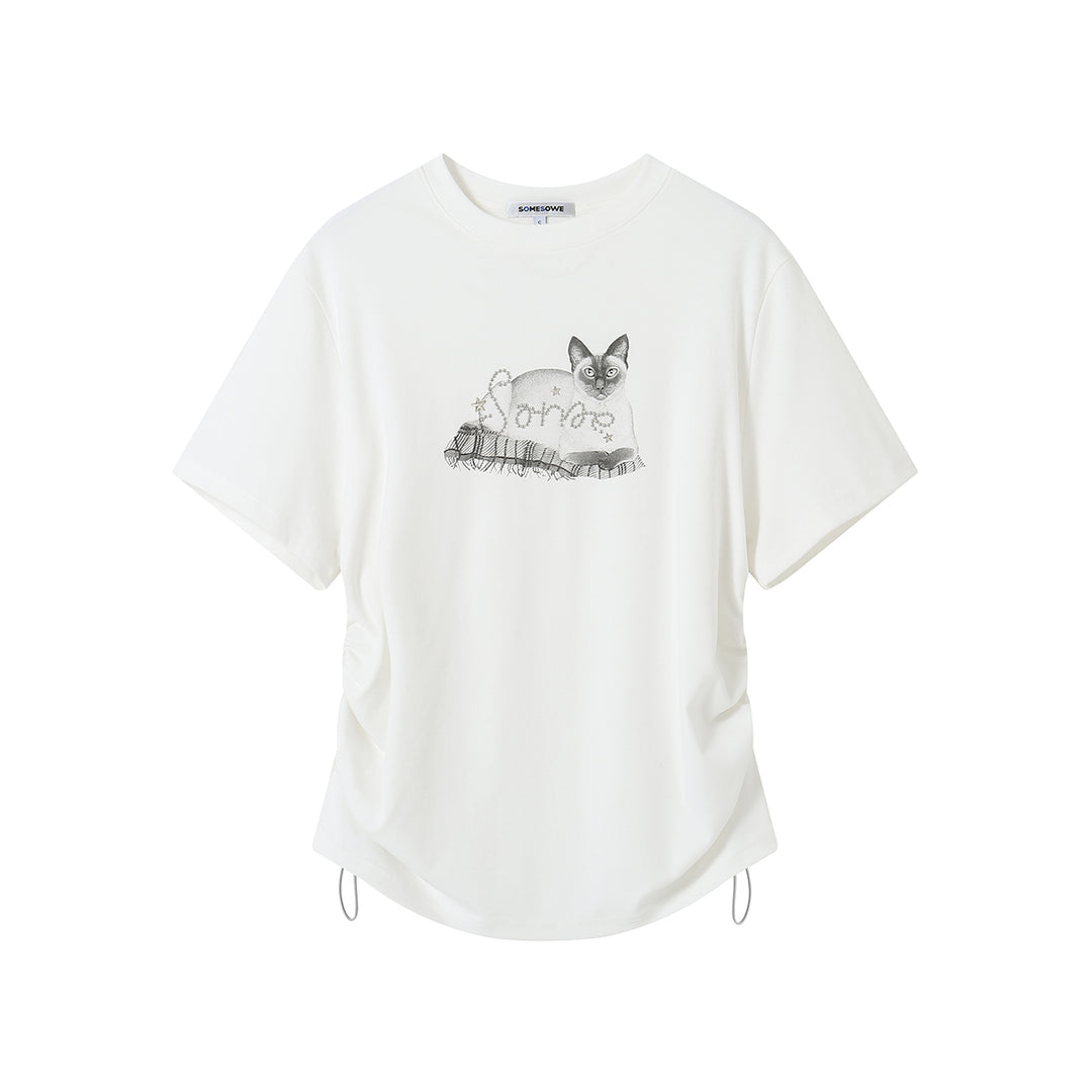 SomeSowe Lazy Cat Drawstring Loose T-Shirt White