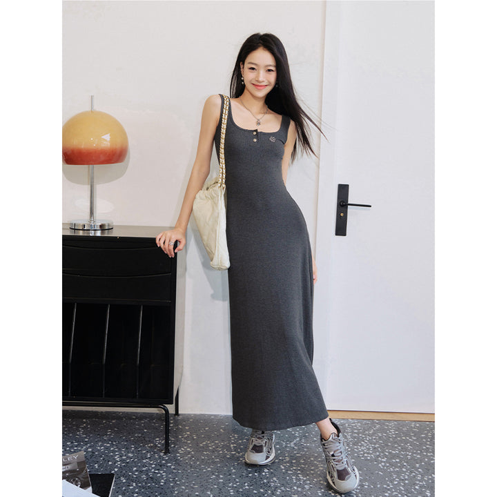 Liilou Classic Square Neck Slim Long Dress Grey - Mores Studio